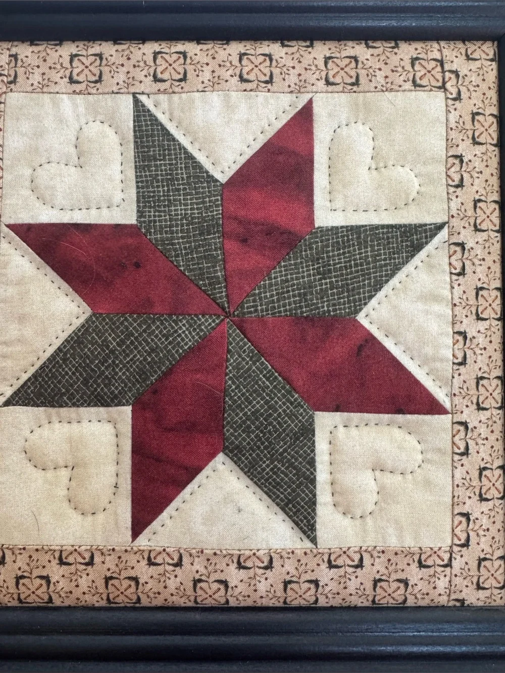 Rustic Framed Quilted Star Wall Art Burgundy, Olive, Cream Farmhouse Traditional